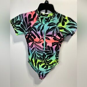 Purple Pink Teal Yellow Black Leaf Print Kids Rashguard Swimsuit Girls 6 6x